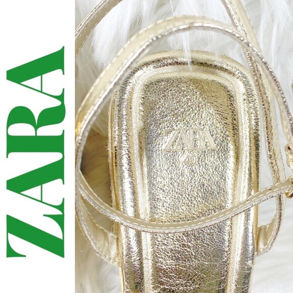 ZARA Gold Strappy Stacked Platform Wedge Open Toe Summer Sandal, Size 40 - Picture 10 of 11